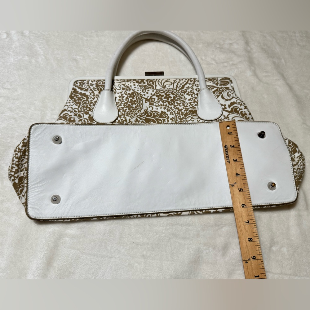 Express White & Light Brown Paisley Fabric Oversized Satchel Bag. Express clasp - Picture 2 of 15